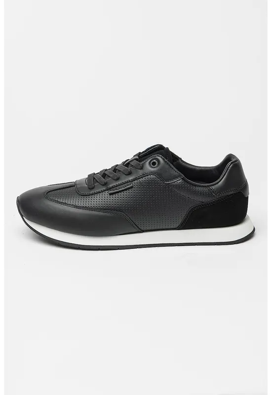 Pantofi sport din piele cu design perforat - Negru/Alb optic