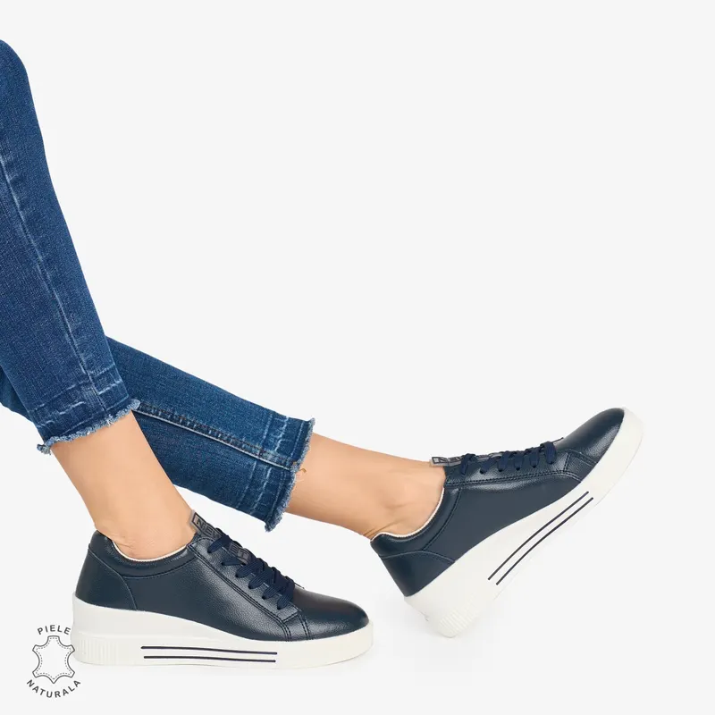 Pantofi casual dama piele naturala cu talpa inalta CRL0871 BLEUMARIN