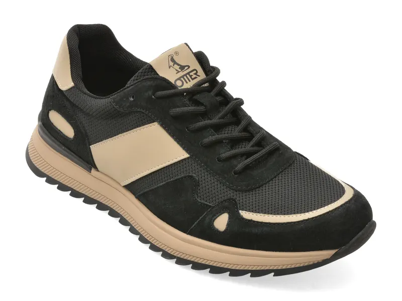 Pantofi sport negri, E660005, din material textil si piele naturala