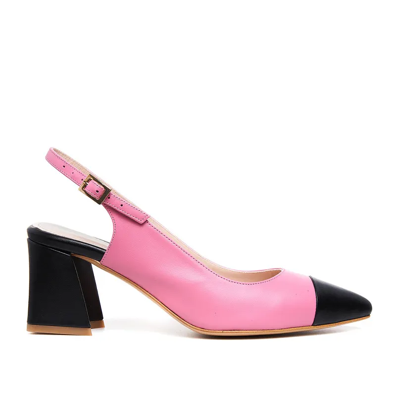 Pantofi Charlotte, Piele Naturala, Roz-Negru - 36 / 6.5 cm - gros-evazat