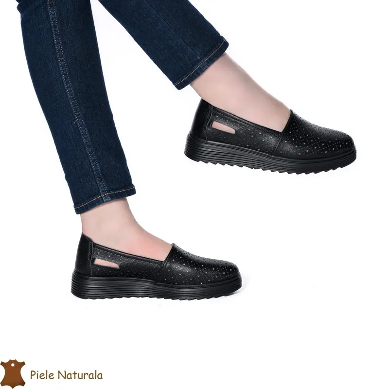 Balerini Perforati Dama Piele naturală CRL0111 NEGRU