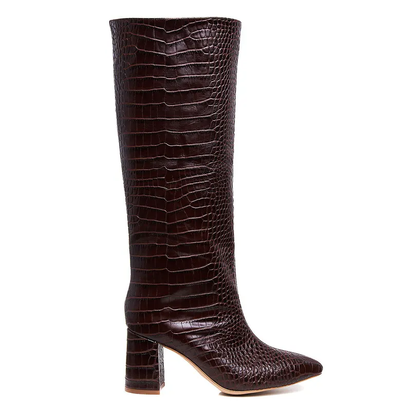 Cizme Ilona Piele Embosata, Sub Genunchi, Maro Inchis - 35 / 8 cm - Gros