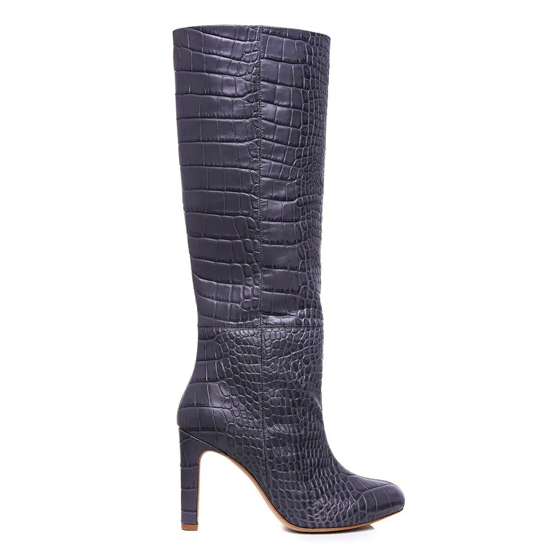 Cizme Clara Piele Embosata, Sub Genunchi, Gri Inchis - 42 / 8cm - Gros