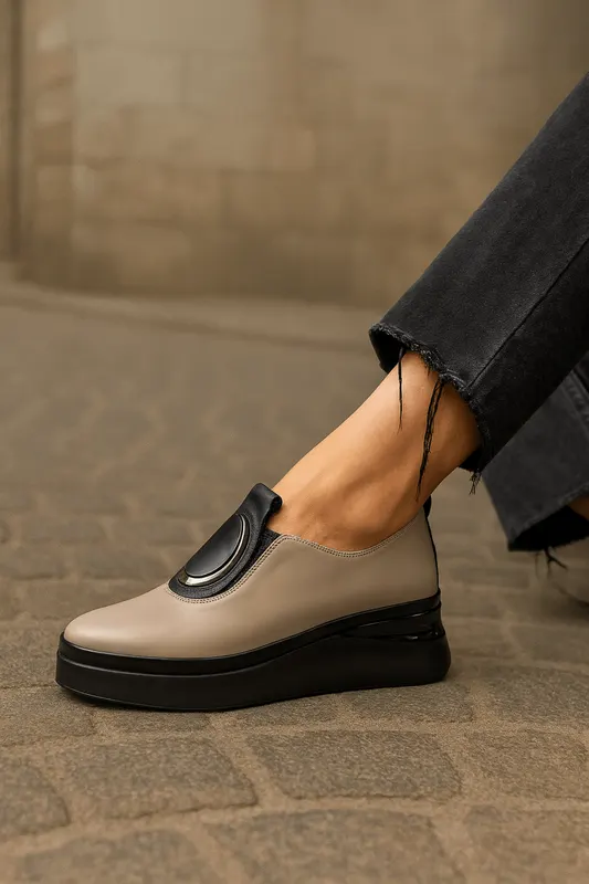 Pantofi Casual Dama din Piele cu Accesoriu - EMA TAUPE
