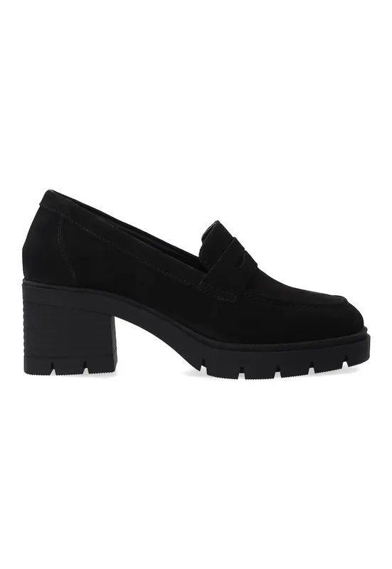 Pantofi din piele intoarsa cu toc masiv si franjuri