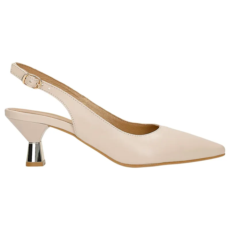Pantofi slingback din piele, bej, cu toc jos