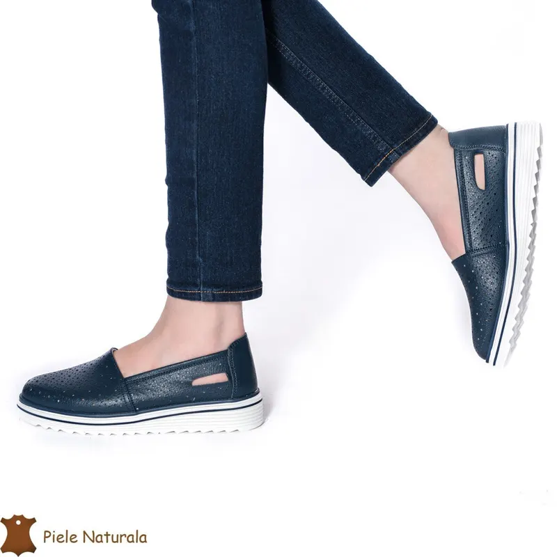 Balerini Perforati Dama Piele naturală CRL0111 BLEUMARIN