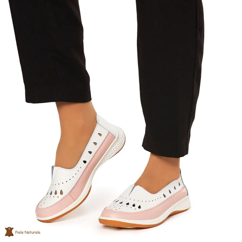 Balerini Dama Piele Naturala Slip-on CRL0074 Alb cu Roz