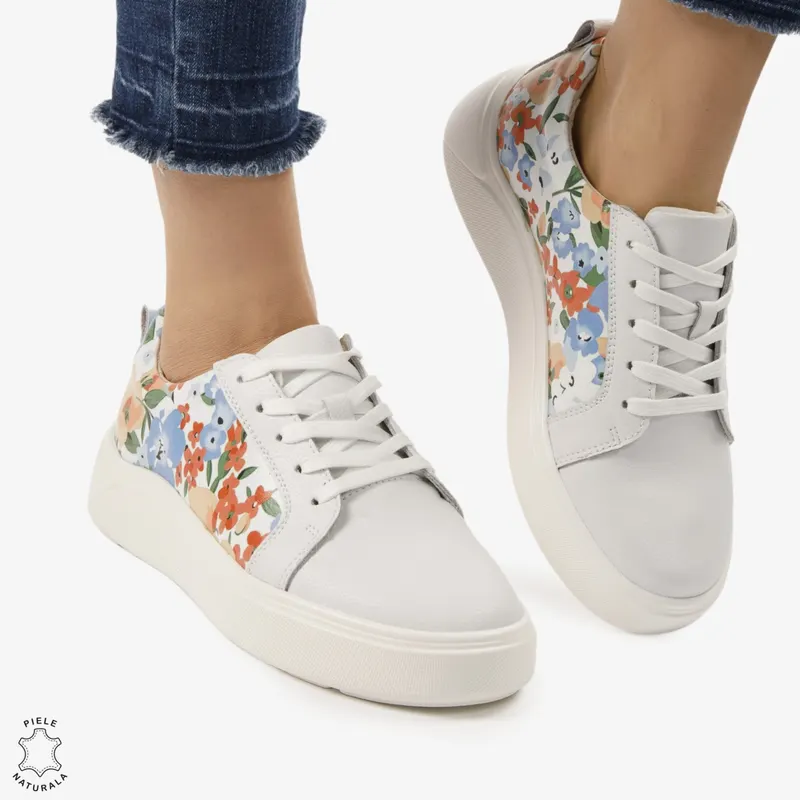 Pantofi Casual DAMA din PIELE Naturala cu imprimeu floral CRL0949 CULOARE: Alb
