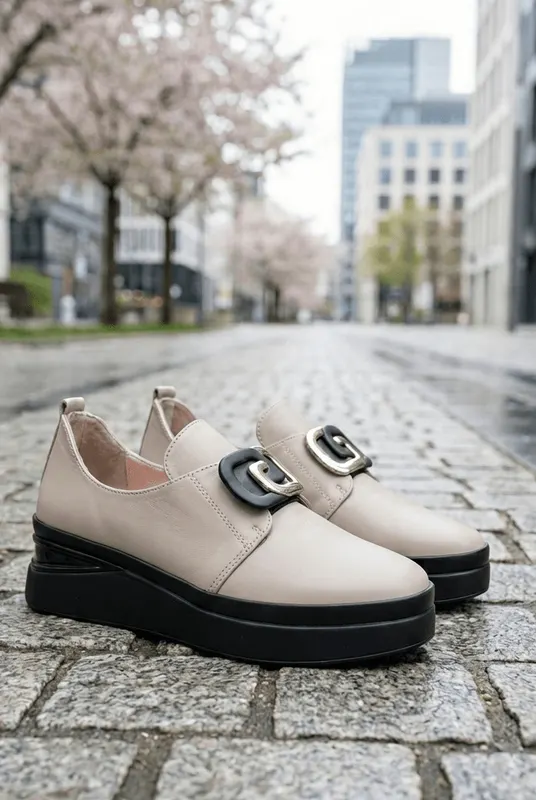 Pantofi Casual Dama din Piele Grej cu Accesoriu - VITE TAUPE