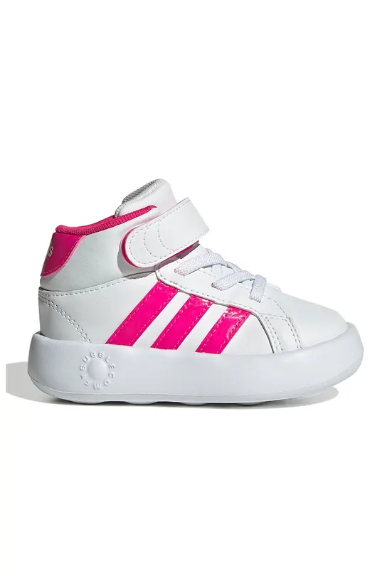 Pantofi sport mid-high de piele ecologica cu velcro Grand Court - Alb optic/Roz