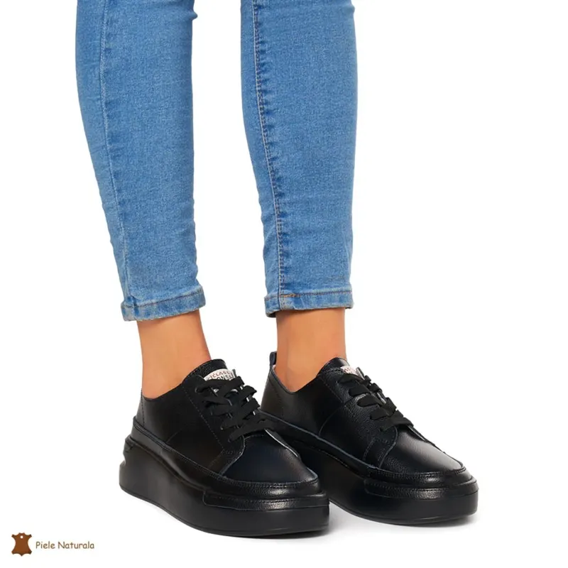 Pantofi Casual dama din Piele naturala cu talpa groasa CRL0056 NEGRU
