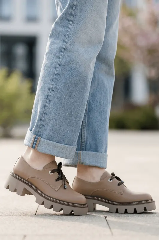 Pantofi Casual Dama din Piele cu Siret - Perugia Bej