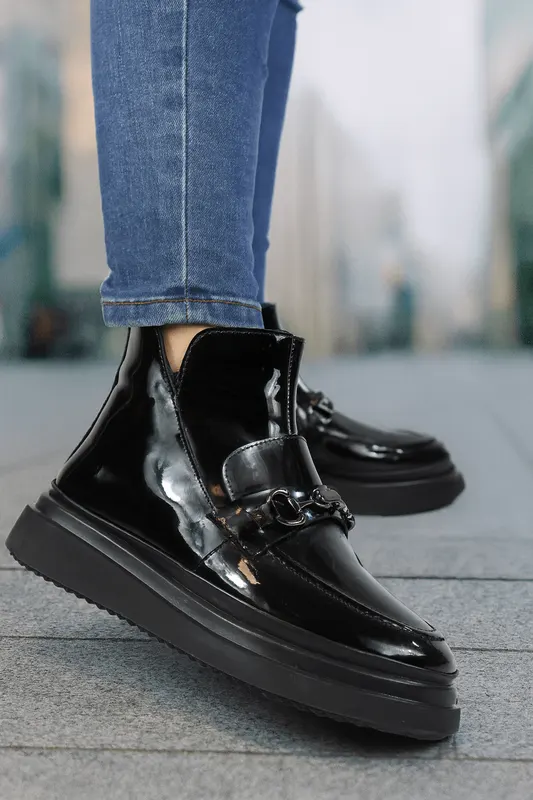 Ghete Casual Dama din Piele Lac Negre cu Accesoriu - SOW
