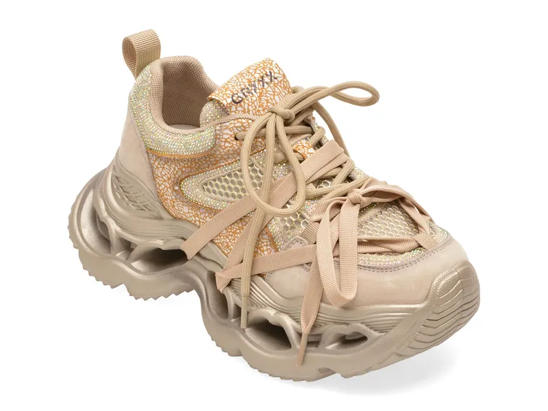 Pantofi sport bej, Q2552, din material textil si piele naturala