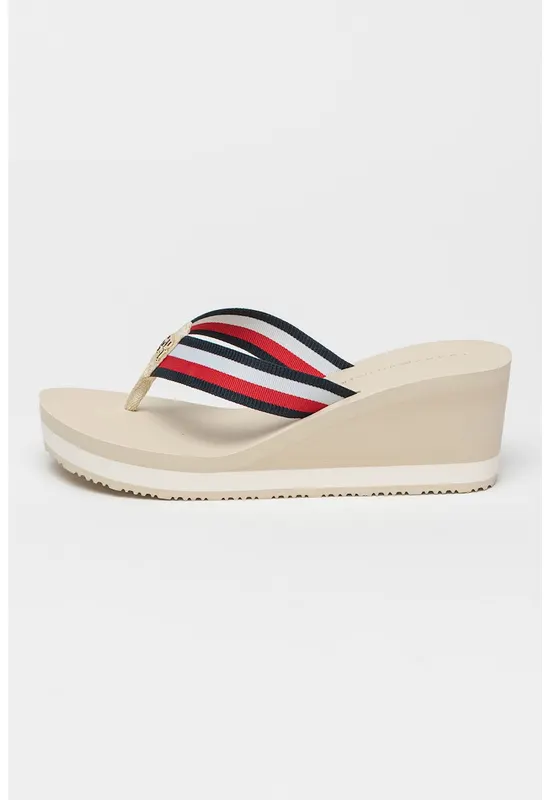 Papuci flip-flop cu talpa wedge - Bej deschis/Bleumarin