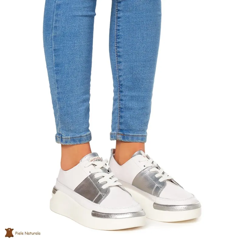 Pantofi Casual dama din Piele naturala cu talpa groasa CRL0056 ALB CU ARGINTIU