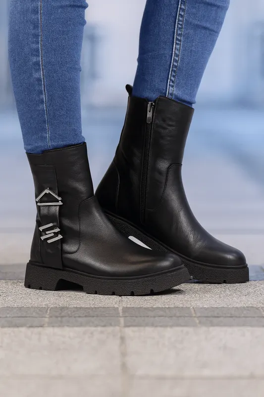 Ghete Casual Dama din Piele Negre cu Accesoriu - VIXY