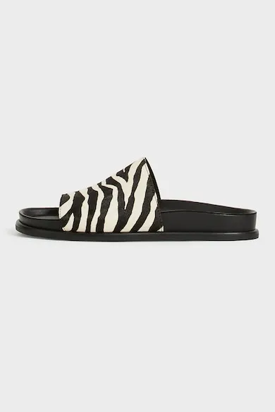 Papuci din piele cu animal print - Alb/Negru