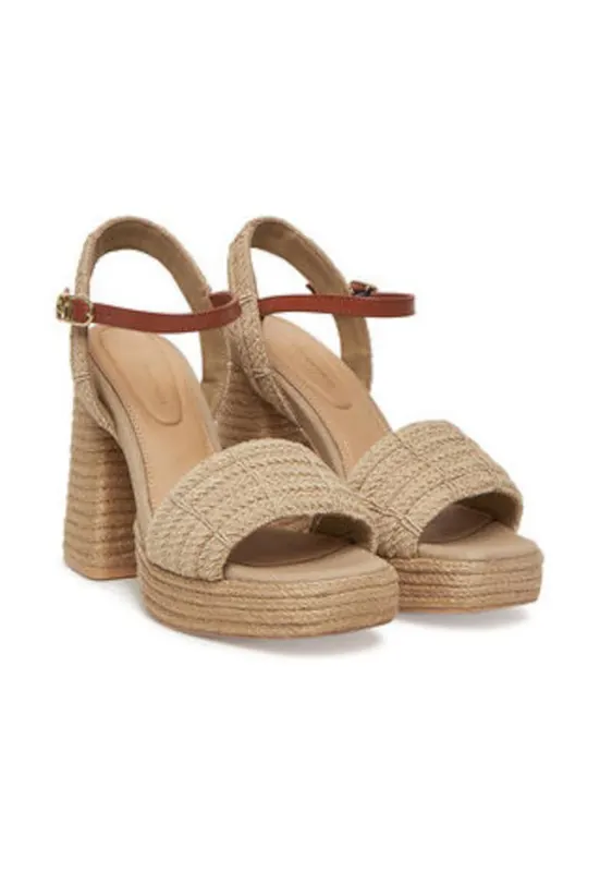 Sandale cu toc dama - material textil - bej -