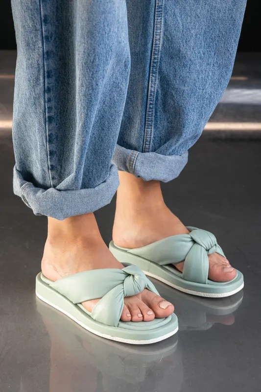 Papuci Din Piele Menta cu Fundita - Lusia MINT