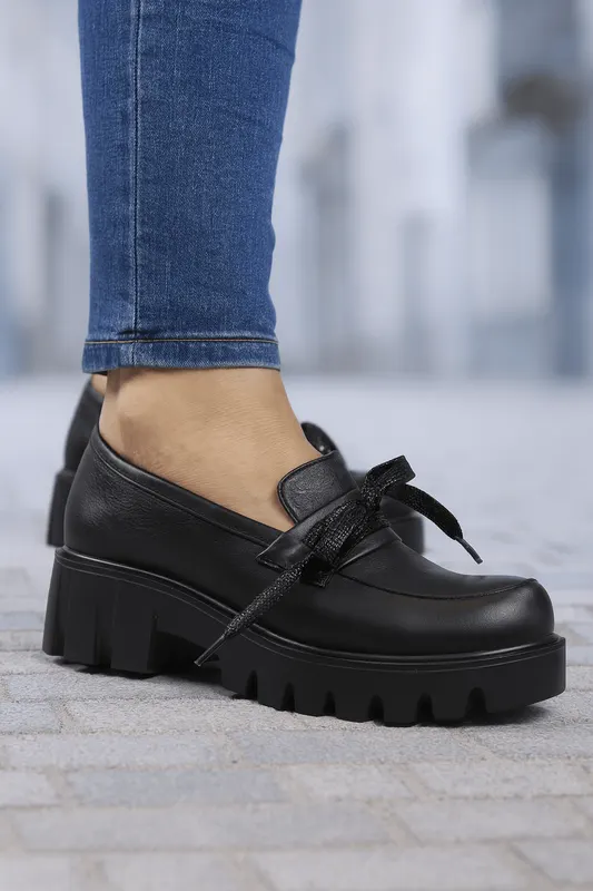 Pantofi Casual Dama din Piele Negri cu Fundita - KOLIA BLACK