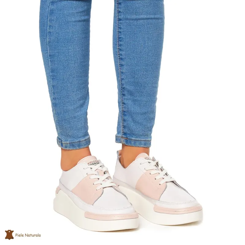 Pantofi Casual dama din Piele naturala cu talpa groasa CRL0056 ALB CU ROZ