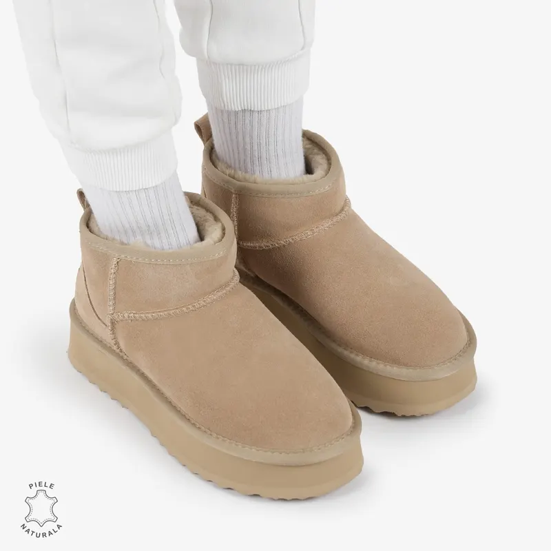 CIZME TIP UG DAMA SCURTE din PIELE NATURALA INTOARSA CRL1267 CULOARE: BEJ