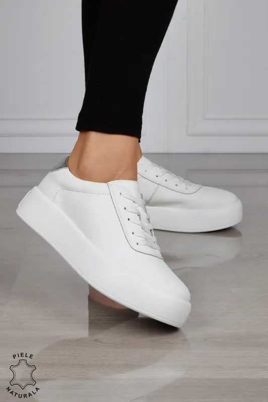 Pantofi Casual DAMA din PIELE Naturala cu talpa inalta plata CRL1518 ALB