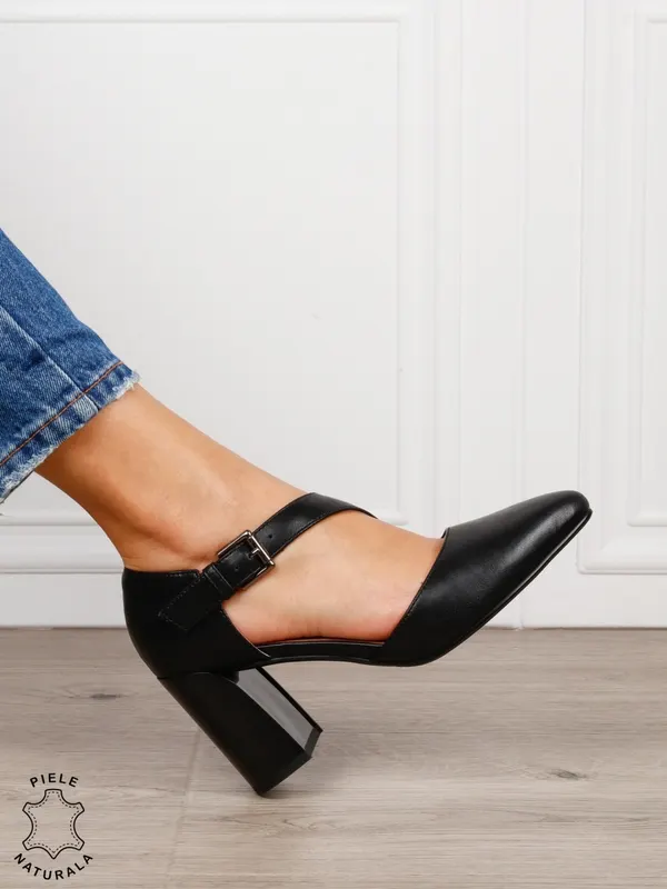 Pantofi dama eleganti din piele naturala cu bareta si toc gros CRL1634 Negru