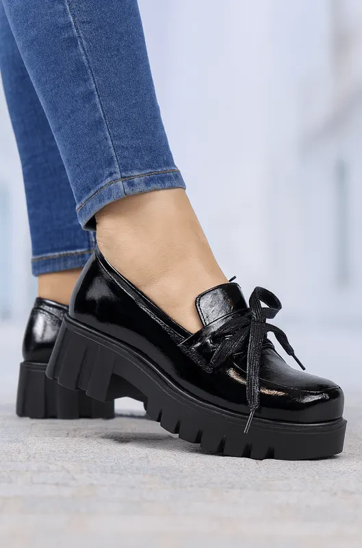 Pantofi Casual Dama din Piele Negri cu Fundita - KOLIA LAC