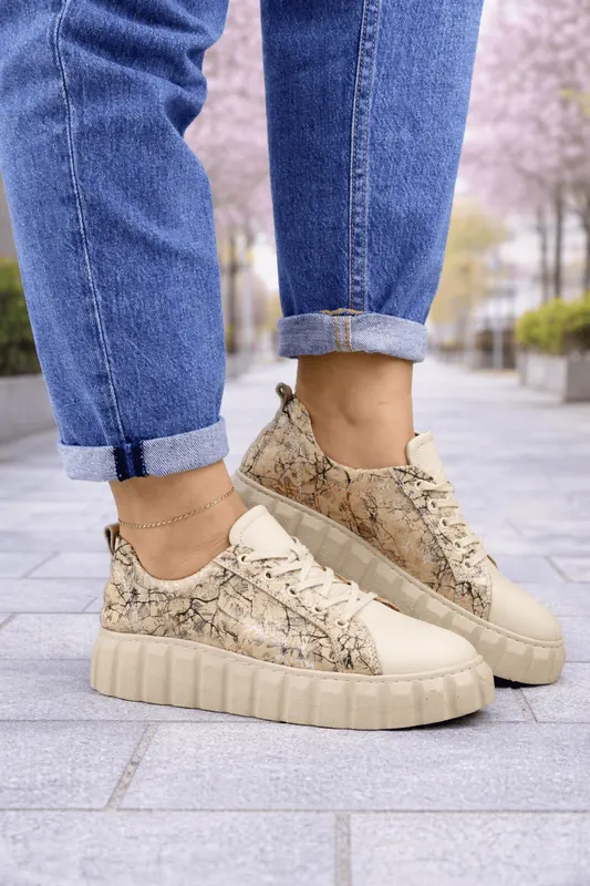 Sneakers din Piele Naturala Print cu Siret - TORE BEJ