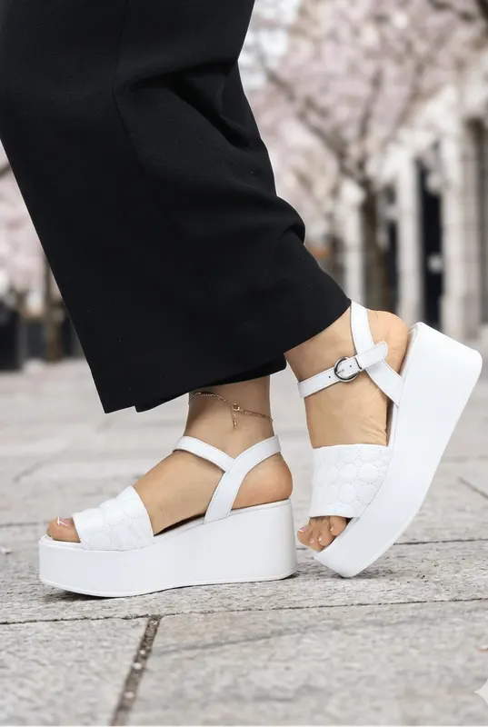 Sandale din Piele Albe cu Talpa Groasa - Emira WHITE