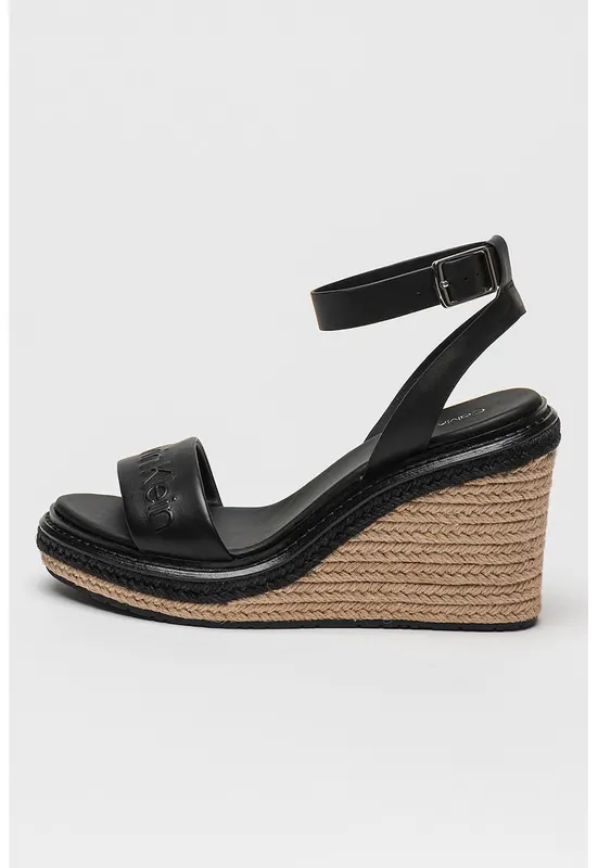 Sandale din piele cu talpa wedge si catarama - Negru