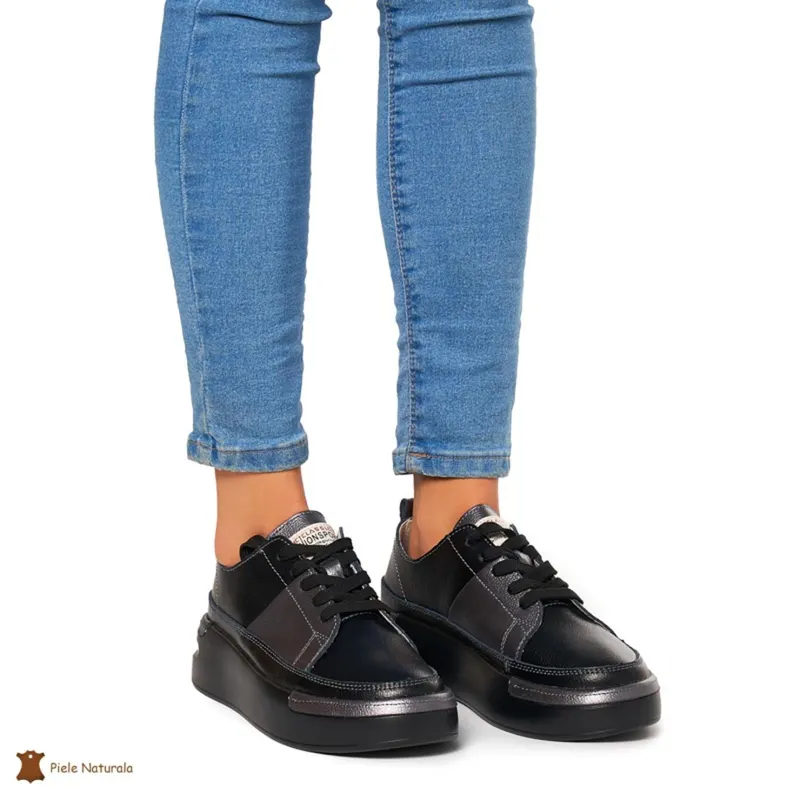 Pantofi Casual dama din Piele naturala cu talpa groasa CRL0056 NEGRU CU PEWTER