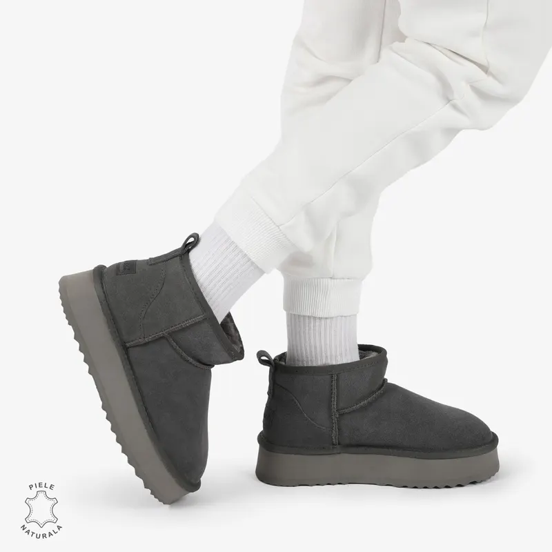CIZME TIP UG DAMA SCURTE din PIELE NATURALA INTOARSA CRL1267 CULOARE: GRI INCHIS