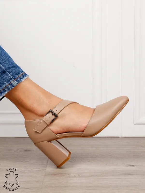 Pantofi dama eleganti din piele naturala cu bareta si toc gros CRL1634 Khaki