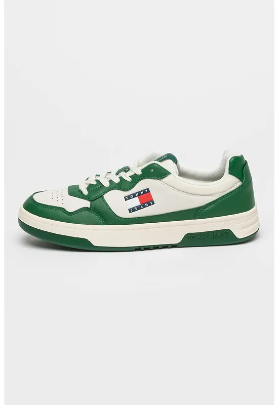 Pantofi sport din piele cu garnituri contrastante - Alb/Verde/Gri deschis
