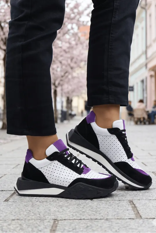 Pantofi Sport Dama din Piele ALBI cu MOV - ZINA LILA