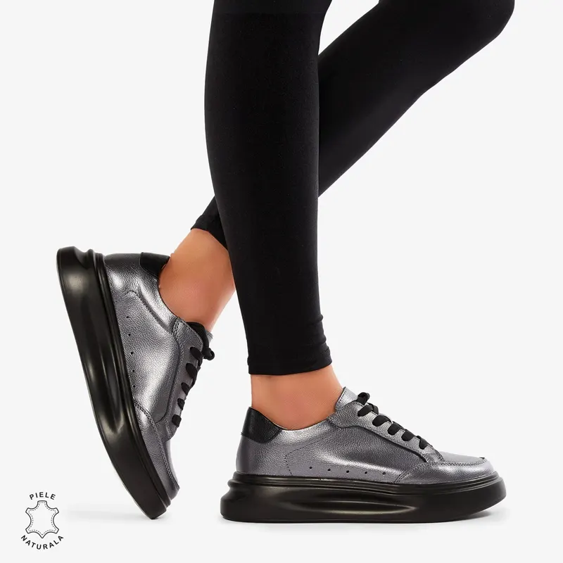 Pantofi Casual de dama din Piele naturala cu talpa groasa CRL0521PEWTER