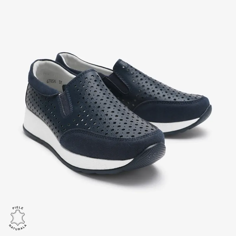 Pantofi Casual dama din Piele Naturala Perforati CRL0711 NAVY