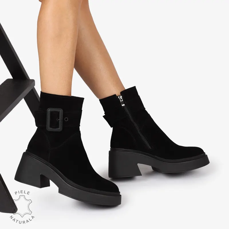 Botine Piele Naturala intoarsa cu Catarama, Design Modern și Confortabil CRL1242 Negru