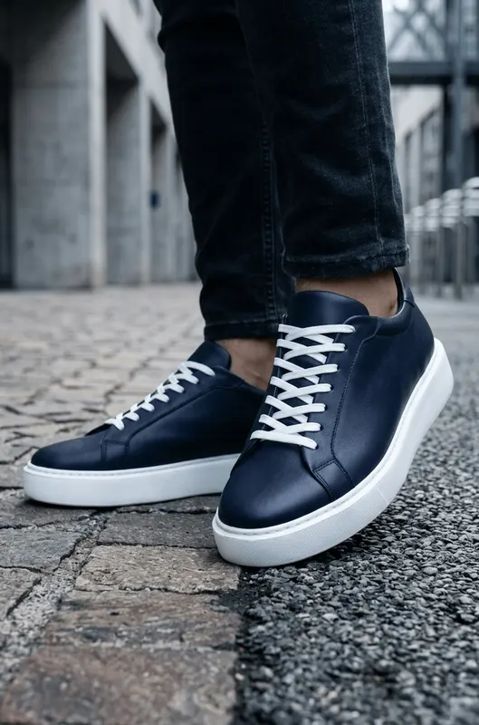Pantofi Casual din Piele Albastri cu Siret - ERVI BLU