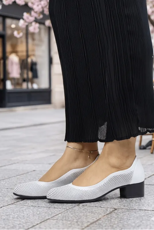 Pantofi Eleganti cu Toc Mediu din Piele Alba - KYZE WHITE