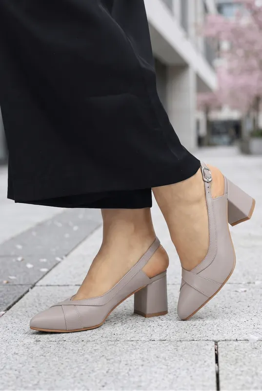 Pantofi Eleganti Decupati cu Toc din Piele Grej - KYZ TAUPE