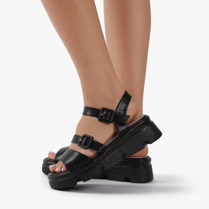 Sandale dama din Piele Ecologica cu talpa inalta CRL0823 Negru