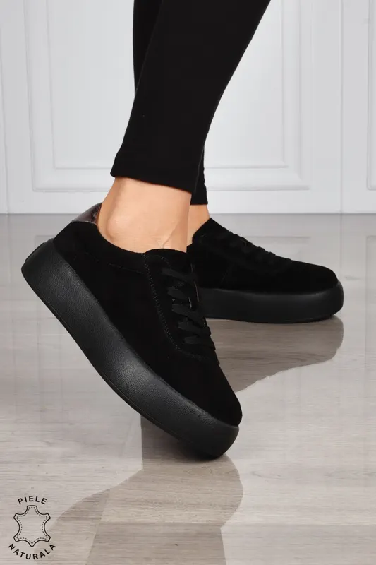 Pantofi Casual DAMA din PIELE Naturala cu talpa inalta plata CRL1518 NEGRUSUEDE
