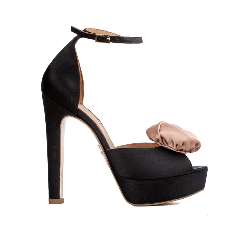 Sandale Rose cu Platforma, Satin Negru/Nude - 36 / 14 cm - Subtire
