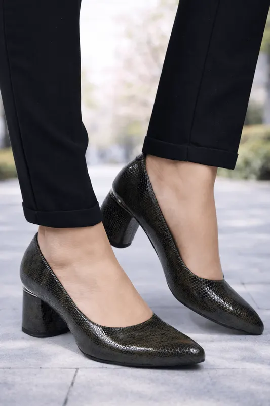 Pantofi Eleganti cu Toc din Piele Verde Snake - SNYA