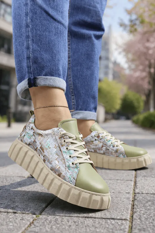 Sneakers din Piele Print cu Siret - TORE OLIVE